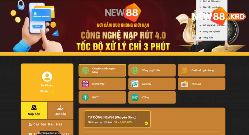 Hệ thống nạp tiền New88 đa dạng với nhiều hình thức